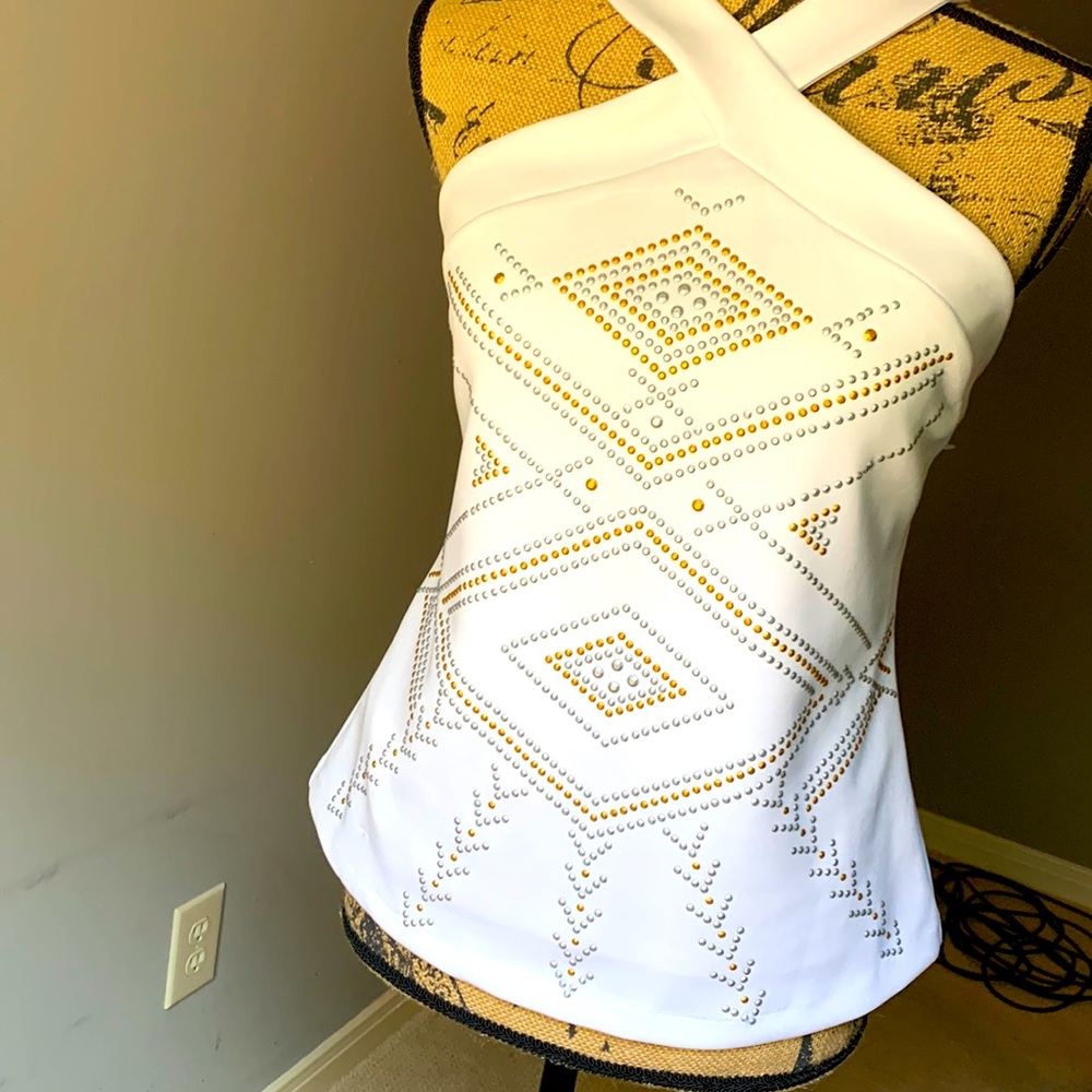 Gorgeous white with Studded Accents CrissCross Sleeveless Top